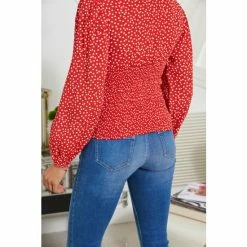 Sosandar Red Spot Print Ruched Front Top -Sosandar unnamed file 2019