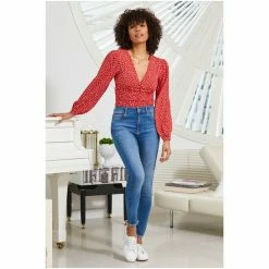 Sosandar Red Spot Print Ruched Front Top -Sosandar unnamed file 2020