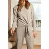 Sosandar Oatmeal Tie Front Long Sleeve Loungewear Top