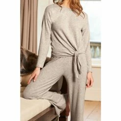 Sosandar Oatmeal Tie Front Long Sleeve Loungewear Top -Sosandar unnamed file 2035