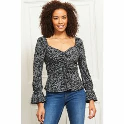Sosandar Blue Animal Print Ruched Front Jersey Top