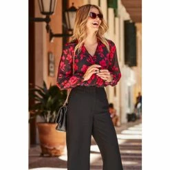 Sosandar Black Tie Neck Printed Blouse