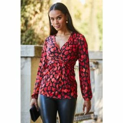 Sosandar Red Wrap Balloon Sleeve Top