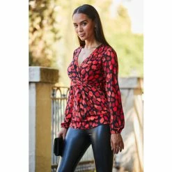 Sosandar Red Wrap Balloon Sleeve Top -Sosandar unnamed file 2069