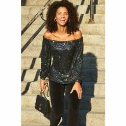 Sosandar Grey Sequin Bardot Top