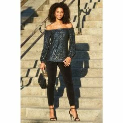 Sosandar Grey Sequin Bardot Top -Sosandar unnamed file 2085