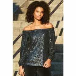 Sosandar Grey Sequin Bardot Top -Sosandar unnamed file 2086