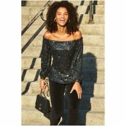 Sosandar Grey Sequin Bardot Top -Sosandar unnamed file 2088