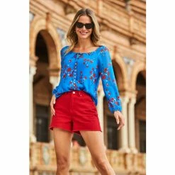 Sosandar Blue Floral Print Button Front Blouse