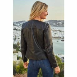 Sosandar Black Zip Front Round Neck Leather Jacket -Sosandar unnamed file 2095