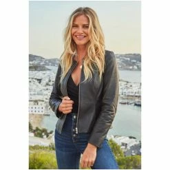 Sosandar Black Zip Front Round Neck Leather Jacket -Sosandar unnamed file 2099