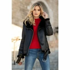 Sosandar Black Faux Shearling Biker Jacket