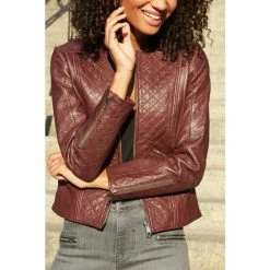 Sosandar Red Quilted Leather Collarless Jacket -Sosandar unnamed file 2187