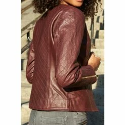 Sosandar Red Quilted Leather Collarless Jacket -Sosandar unnamed file 2188