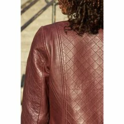 Sosandar Red Quilted Leather Collarless Jacket -Sosandar unnamed file 2189