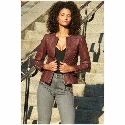 Sosandar Red Quilted Leather Collarless Jacket -Sosandar unnamed file 2190