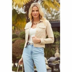 Sosandar Neutral Denim Jacket With Gold Button Detail