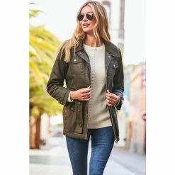 Sosandar Green Waxed Belted Jacket With Zip Pocket Detail