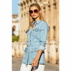 Sosandar Blue Blue Belted Denim Jacket -Sosandar unnamed file 2216