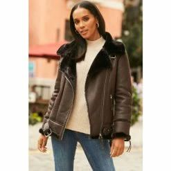 Sosandar Brown Faux Sherling Biker Jacket
