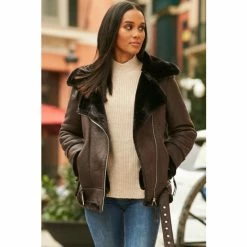 Sosandar Brown Faux Sherling Biker Jacket -Sosandar unnamed file 2227