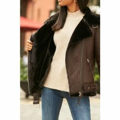 Sosandar Brown Faux Sherling Biker Jacket -Sosandar unnamed file 2229