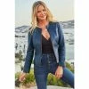 Sosandar Blue Zip Front Round Neck Leather Jacket