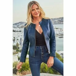 Sosandar Blue Zip Front Round Neck Leather Jacket