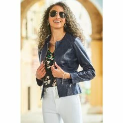 Sosandar Blue Zip Front Round Neck Leather Jacket -Sosandar unnamed file 2263