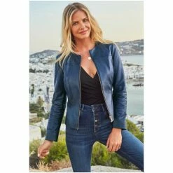 Sosandar Blue Zip Front Round Neck Leather Jacket -Sosandar unnamed file 2264