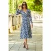 Sosandar Blue Printed Ruched Front Midi Fit And Flare Dress