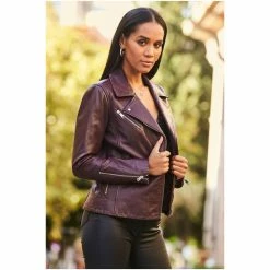 Sosandar Burgandy Red Leather Biker Jacket -Sosandar unnamed file 2334