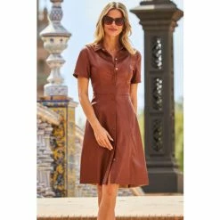 Sosandar Brown Faux Leather Fit & Flare Shirt Dress