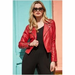 Sosandar Red Leather Biker Jacket -Sosandar unnamed file 2352