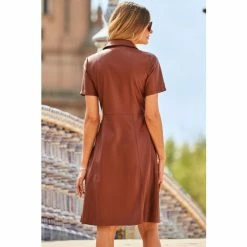 Sosandar Brown Faux Leather Fit & Flare Shirt Dress -Sosandar unnamed file 237
