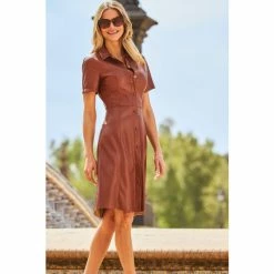 Sosandar Brown Faux Leather Fit & Flare Shirt Dress -Sosandar unnamed file 238