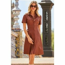 Sosandar Brown Faux Leather Fit & Flare Shirt Dress -Sosandar unnamed file 239