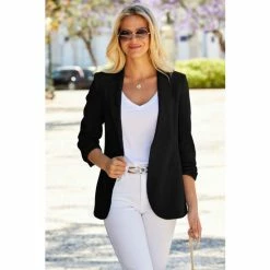 Sosandar Black Ruched Sleeve Linen Blazer