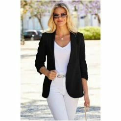 Sosandar Black Ruched Sleeve Linen Blazer -Sosandar unnamed file 2413