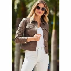Sosandar Brown Pocket Detail Luxe Leather Jacket -Sosandar unnamed file 2422