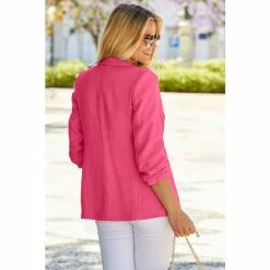 Sosandar Pink Ruched Sleeve Linen Blazer -Sosandar unnamed file 2426