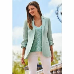 Sosandar Green Ruched Sleeve Linen Blazer