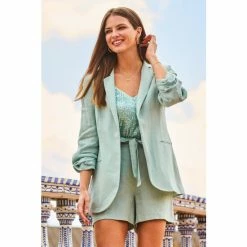 Sosandar Green Ruched Sleeve Linen Blazer -Sosandar unnamed file 2431