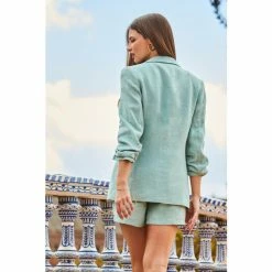 Sosandar Green Ruched Sleeve Linen Blazer -Sosandar unnamed file 2432
