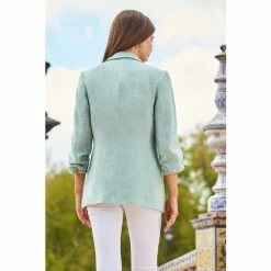 Sosandar Green Ruched Sleeve Linen Blazer -Sosandar unnamed file 2433