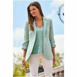 Sosandar Green Ruched Sleeve Linen Blazer -Sosandar unnamed file 2434