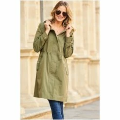 Sosandar Green Parka Jacket With Drawstring Waist & Gold Detail -Sosandar unnamed file 2475
