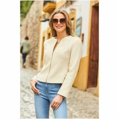 Sosandar Cream Collarless Woven Biker Jacket -Sosandar unnamed file 2485