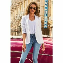 Sosandar White Linen Mix Longline Blazer -Sosandar unnamed file 2507
