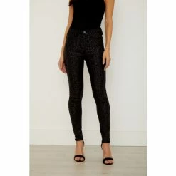 Sosandar Black Leopard Textured Coated Jeans